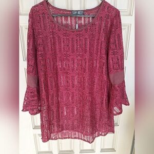 Nicole Sabbattini Women's Lace Top Maroon SzL Bell Sleeves Tunic Unlined NWT